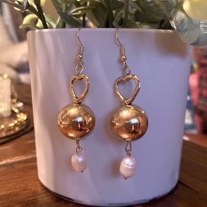 Freshwater Pearl, heart and golden ball earrings. Handmade